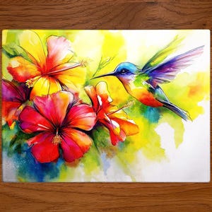 Hummingbird Watercolor Art on a Glass Cutting Board