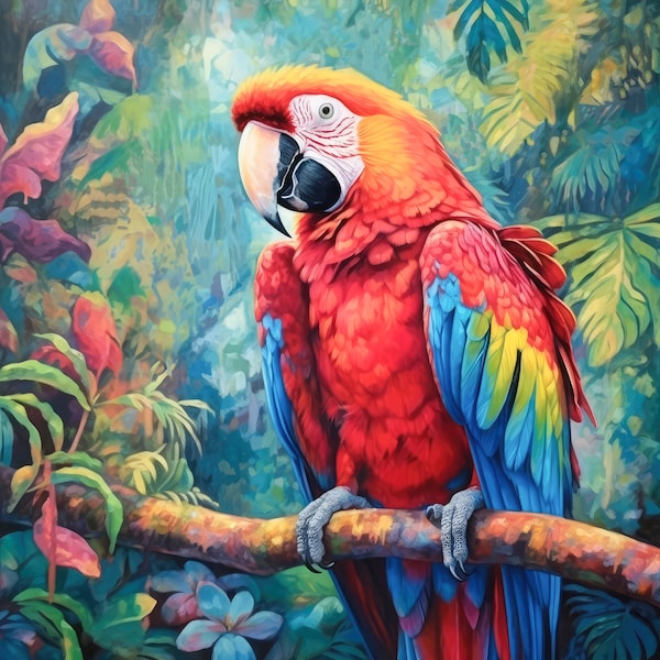 Colorful Parrot Art in a Tropical Forest, on a 6x6, 8x8 (actual 7.8) or 12x12 (actual 11.8) inch Ceramic Tile. Free Shipping in the USA.