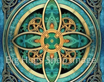 May include: A circular design with a Celtic knot pattern in gold and green hues. The design is surrounded by a blue background with a gold border.