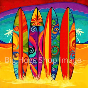 Handmade Colorful Ceramic Tile with Surfboards Standing in the Sand at the Beach. 6, 8 & 12 inch tiles. Free Shipping in the USA.
