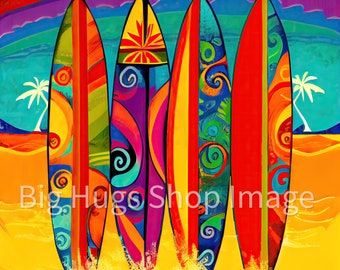 Handmade Colorful Ceramic Tile with Surfboards Standing in the Sand at the Beach. 6, 8 & 12 inch tiles. Free Shipping in the USA.