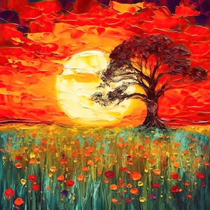 Setting Sun Ceramic Tile Art: Wildflower Meadow, Old Tree