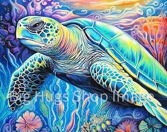Colorful Swimming Sea Turtle Art #2, on a 6x6, 8x8 (actual 7.8) or 12x12 (actual 11.8) inch Ceramic Tile. Free Shipping in the USA.