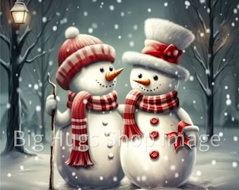 Christmas Snowman Couple Art Design on a 6x6, 8x8 (actual 7.8) or 12x12 (actual 11.8) inch Ceramic Tile.  Free Shipping in the USA.