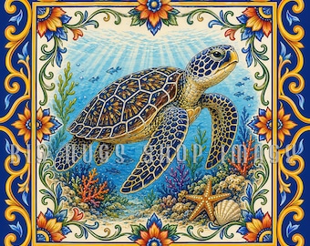 Talavera Style Sea Turtle Tile Design
