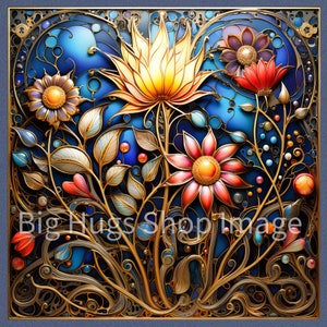 Abstract Art Nouveau Floral Presentation on a 6x6, 8x8 (actual 7.8) or 12x12 (actual 11.8) inch Ceramic Tile. Free Shipping in the USA.