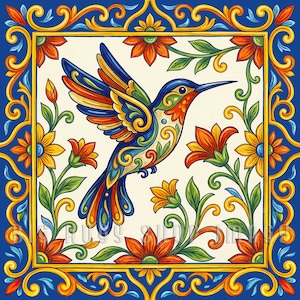 May include: A vibrant, square tile featuring a colorful hummingbird in flight, surrounded by orange and yellow flowers and green leaves. The bird has blue, orange, and yellow wings. The border is a detailed blue and gold design.