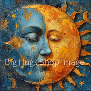 May include: A painting of a sun and moon with human faces. The sun is yellow and orange with a golden halo. The moon is blue with stars. Both have their eyes closed.