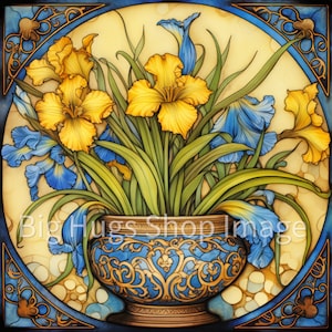 May include: A blue and gold ceramic vase with a floral design holds a bouquet of yellow and blue flowers. The flowers are arranged in a symmetrical pattern, with the yellow flowers in the center and the blue flowers around the edges. The vase is decorated with intricate details, including swirls and scrolls.