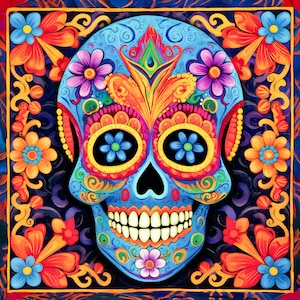 May include: A colorful sugar skull with intricate floral designs and bright blue eyes. The skull is surrounded by a border of orange and yellow flowers.