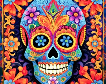 Colorful Sugar Skull Tile Art, Day of the Dead Decor