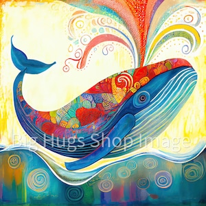 May include: A colorful, abstract painting of a whale with a rainbow-like spray of water coming from its blowhole. The whale is blue with a white belly and is surrounded by swirling, colorful circles.