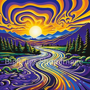 May include: A vibrant abstract painting featuring a swirling purple and yellow sky with a bright yellow sun. A winding river flows through a green valley with a line of dark green trees on either side.
