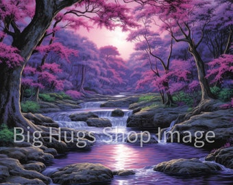 Serene Flowing Stream Fantasy Art on a 6x6, 8x8 (actual 7.8) or 12x12 (actual 11.8) inch Ceramic Tile. Free Shipping in the USA.