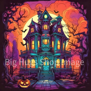 Halloween Haunted Mansion Art on a 6x6, 8x8 (actual 7.8) or 12x12 (actual 11.8) inch Ceramic Tile.  Free Shipping in the USA.