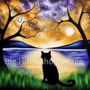 Black Cat Starry Night Art: Handcrafted Ceramic Tile