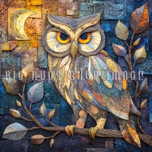 May include: A detailed illustration of an owl perched on a branch, set against a textured background with a crescent moon. The owl features vibrant colors, including blue, gold, and orange, with the text "BIG HUGS SHOP IMAGE" visible.