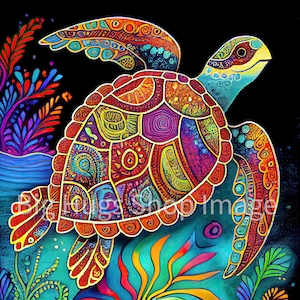 Colorful Swimming Sea Turtle design on a 6x6, 8x8 (actual 7.8) or 12x12 (actual 11.8) inch Ceramic Tile. Free Shipping in the USA.