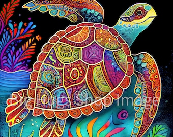 Colorful Swimming Sea Turtle design on a 6x6, 8x8 (actual 7.8) or 12x12 (actual 11.8) inch Ceramic Tile. Free Shipping in the USA.