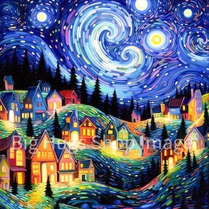 May include: A painting of a starry night sky with a swirling pattern of stars and clouds. The sky is a deep blue with hints of purple and pink. Below the sky is a small town with colorful houses and trees. The houses are lit up with warm yellow lights. The painting is done in a style reminiscent of Vincent van Gogh.