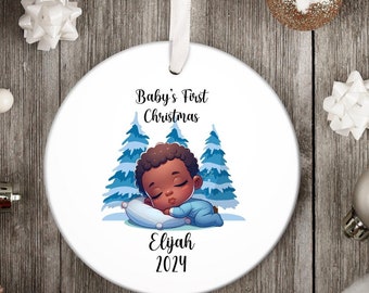 Personalized African American Baby Boy 1st Christmas Ornament,  Baby's First Xmas Gift, Custom Black Family Keepsake, New Parent Holiday