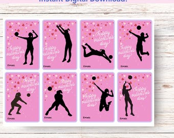 May include: Printable Valentine's Day cards featuring a volleyball player silhouette with the text "Happy Valentine's Day" and "From:" on a pink background with white hearts.