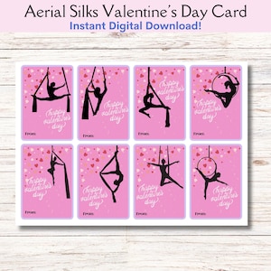 Tarjeta de San Valentín con telas aéreas imprimible, tarjeta de amistad con telas aéreas con fondo rosa, tarjetas de clase de telas aéreas con DESCARGA INSTANTÁNEA