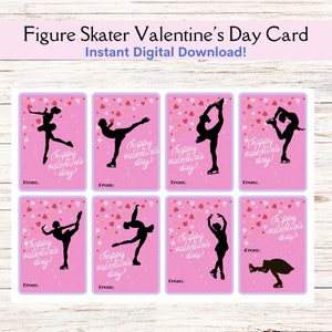 Druckbare Eiskunstläufer Valentinstag Karte, Rosa Hintergrund Eislaufen Valentine Freundschaft Karte, SOFORTIGER DOWNLOAD Skating Klasse Karten