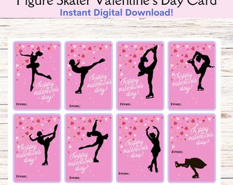 Printable Figure Skater Valentine's Day Card, Pink Background Ice Skating Valentine Friendship Card,  INSTANT DOWNLOAD Skating Class Cards