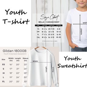 May include: Size chart for youth t-shirts and sweatshirts. The chart shows sizes from XS to XL with corresponding width, length, and sleeve measurements in inches. The chart also includes a size chart for Bella + Canvas 3001Y youth t-shirts with corresponding width, length, and fit sizes.
