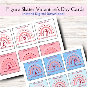 Carte de Saint-Valentin imprimable patineuse artistique, carte d'amitié Boho patinage sur glace Saint-Valentin, téléchargement immédiat cartes de patinage blanc/rose/bleu