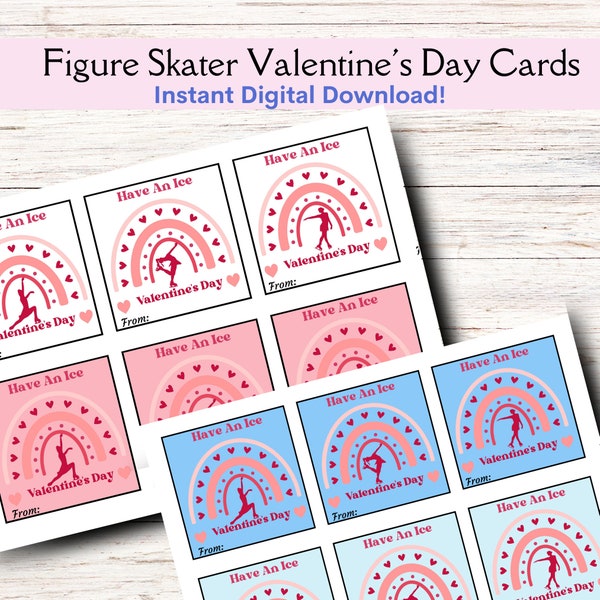 Printable Figure Skater Valentine's Day Card, Boho Ice Skating Valentine Friendship Card,  INSTANT DOWNLOAD White/Pink/Blue Skating Cards