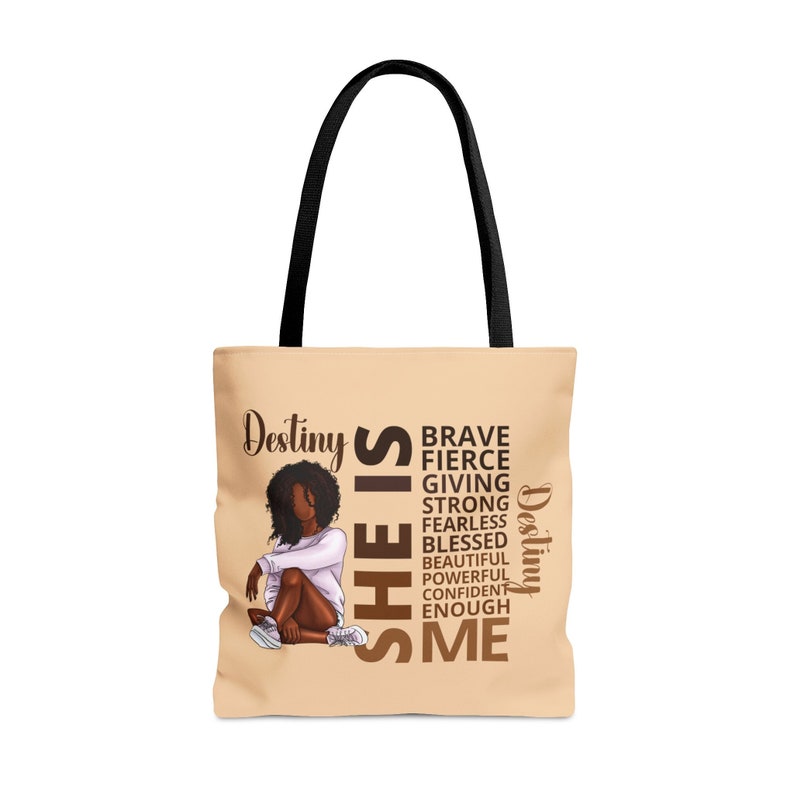 Personalized Black Girl Affirmation Tote Bag, Custom She IS Affirmation Bag, African American Bag, Black Teen Girl Gift, Inspirational Bag Tan