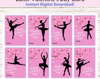 Printable Ballerina Valentine's Day Card, Pink Background Ballet Valentine Friendship Card,  INSTANT DOWNLOAD Dance Class Valentines