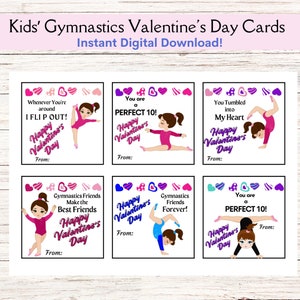 Druckbare Kinder Gymnastik Valentinstag Karte, Turner Valentine Freundschaft Karte, Mädchen Turnerin INSTANT DOWNLOAD, Gymnastik Klasse Karten