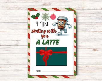 印刷可能なクリスマスコーヒースケートコーチギフトカードホルダー、フィギュアスケートコーチへの感謝、即時ダウンロードアイススケーターへの感謝、ラテカード