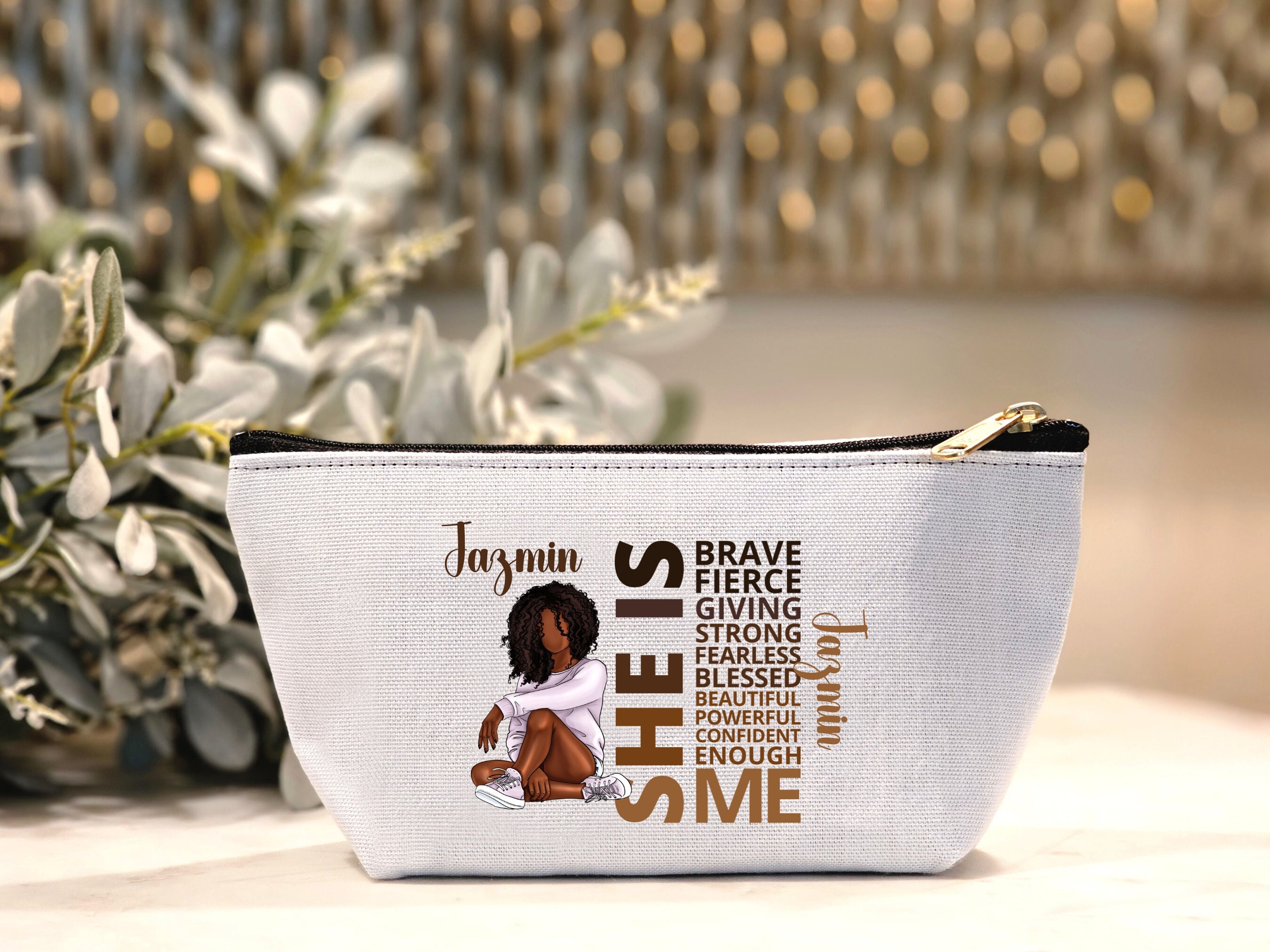 Personalized Black Girl Cosmetic Pouch, She IS Affirmation Pouch, Custom African American Toiletry Bag, Black Teen Girl Gift, Makeup Bag