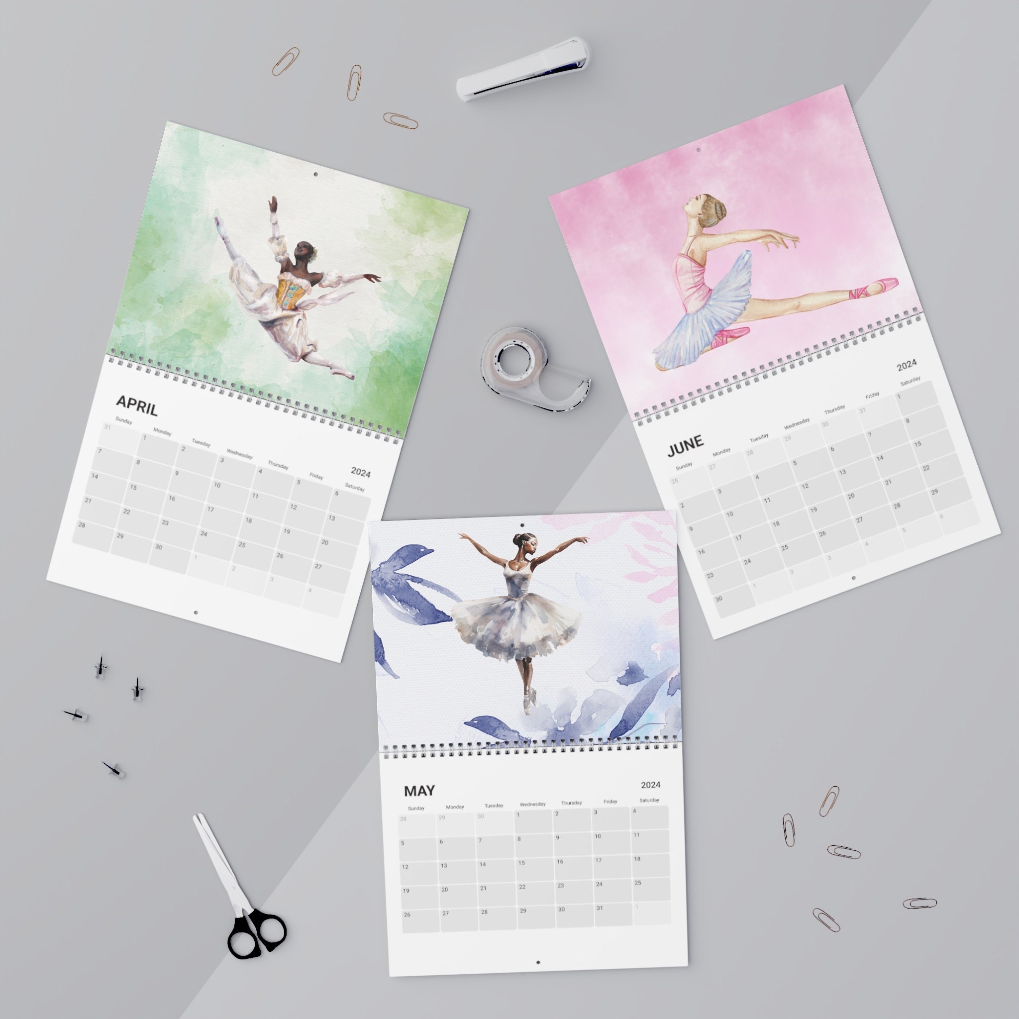 2024 Ballerina Wall Monthly Calendar, Watercolor Ballet Wall Calendar