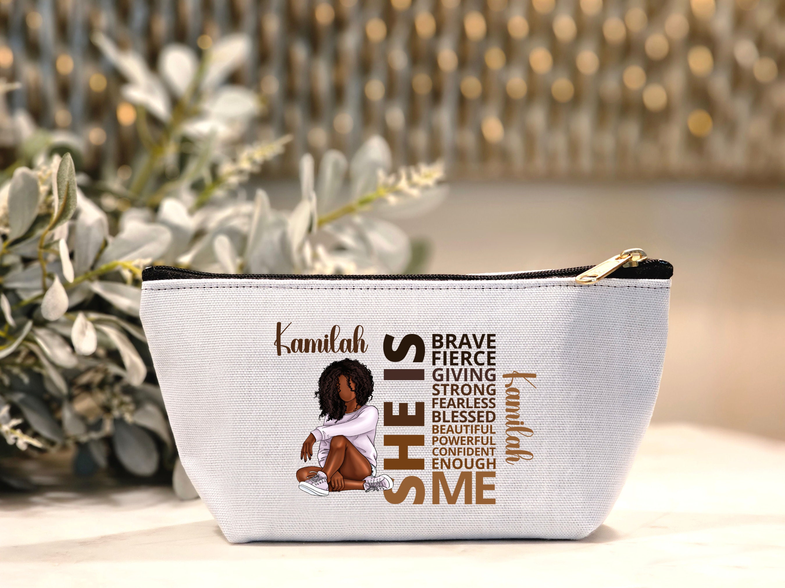 Personalized Black Girl Cosmetic Pouch, She IS Affirmation Pouch, Custom African American Toiletry Bag, Black Teen Girl Gift, Makeup Bag