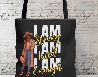 Borsa tote con affermazione della donna nera, borsa con affermazione "Sono abbastanza", borsa a tracolla afroamericana, regalo per donna nera, borsa tote ispiratrice