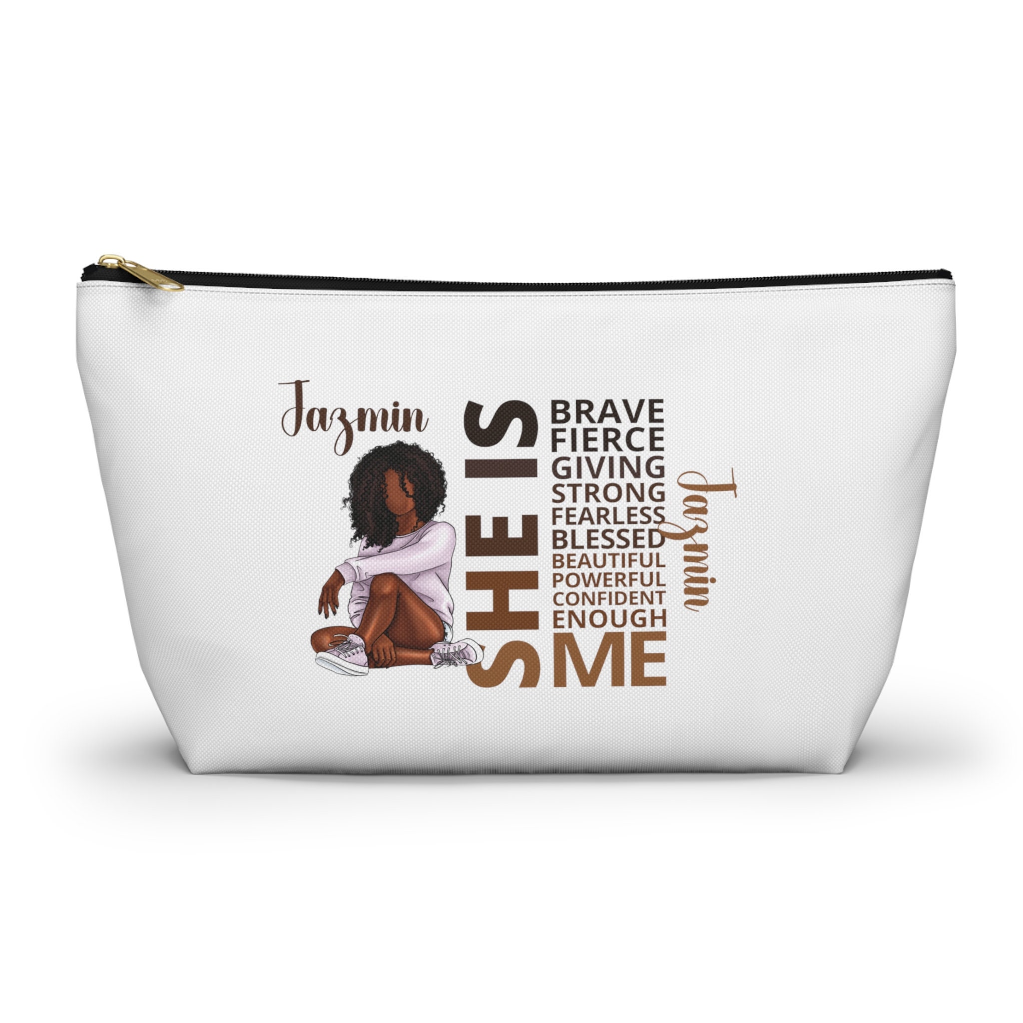 Personalized Black Girl Cosmetic Pouch, She IS Affirmation Pouch, Custom African American Toiletry Bag, Black Teen Girl Gift, Makeup Bag