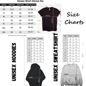 May include: Size chart for unisex short sleeve tees, sweatshirts, and hoodies. The chart shows measurements in inches for chest, length, and width. The chart includes sizes XS to 5XL.