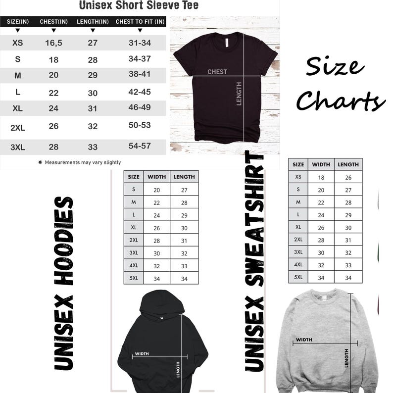May include: Size chart for unisex short sleeve tees, sweatshirts, and hoodies. The chart shows measurements in inches for chest, length, and width. The chart includes sizes XS to 5XL.
