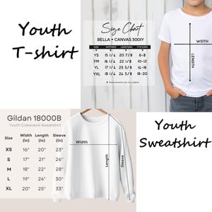 以下が含まれることがあります： 白の子供用Tシャツとスウェットシャツの画像。サイズチャートが表示され、Bella + Canvas 3001YとGildan 18000Bの子供用アパレルについて、cm単位のサイズが記載されています。「Youth T-shirt」と「Youth Sweatshirt」の文字も表示されています。