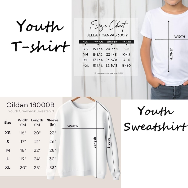 以下が含まれることがあります： 白の子供用Tシャツとスウェットシャツの画像。サイズチャートが表示され、Bella + Canvas 3001YとGildan 18000Bの子供用アパレルについて、cm単位のサイズが記載されています。「Youth T-shirt」と「Youth Sweatshirt」の文字も表示されています。