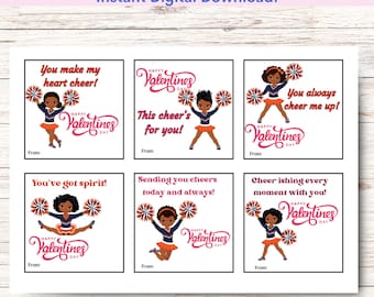 Printable Cheerleader Valentine's Day Card, African American Cheer Valentine Card,  INSTANT DOWNLOAD Cheer Team Valentines, Kids' Cheer Card