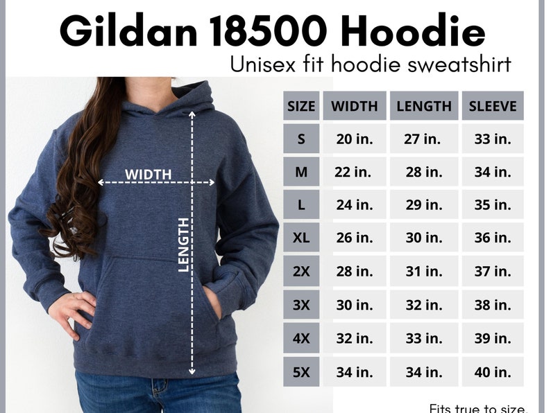 May include: A size chart for a Gildan 18500 unisex hoodie sweatshirt. The chart shows the width, length, and sleeve length in inches for sizes S through 5X.