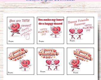 Printable Dance Heart Valentine's Day Card, Retro Dancer Valentine Friendship Card, Ballet Valentines, INSTANT DOWNLOAD Skating Class Cards