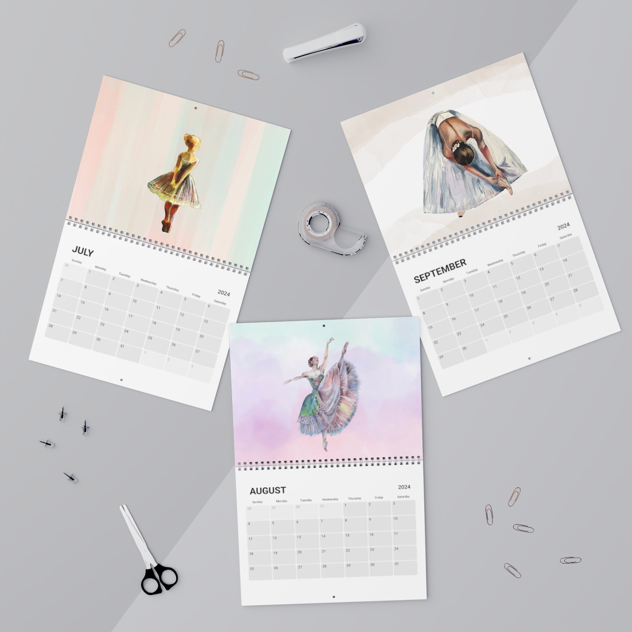 2024 Ballerina Wall Monthly Calendar, Watercolor Ballet Wall Calendar