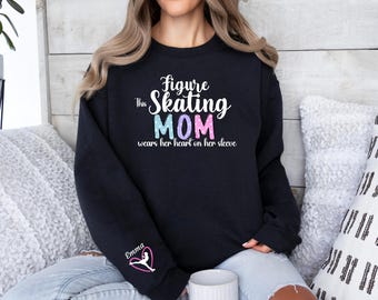 Personalized Figure Skating Mom Shirt, Custom Name Heart On My Sleeve Sweatshirt and Hoodie, Ice Skating Mama Shirt with Kids Name, Comp Day